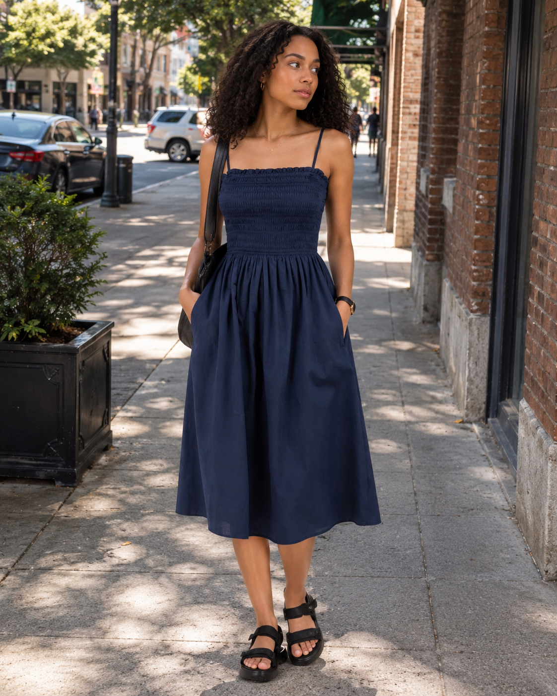 Genevieve Robe Femme Smockée – Coton Satiné, Bretelles Réglables & Jupe Trapèze Fluide