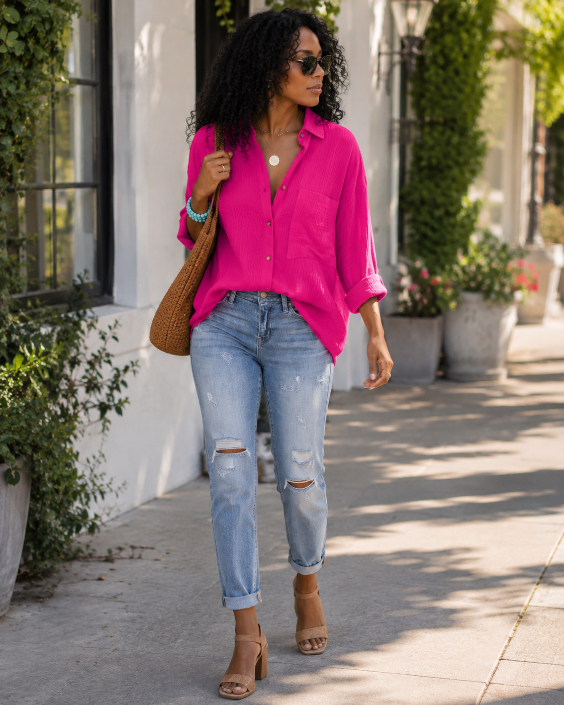 Odelia Blouse Femme – 100% Coton, Col V, Coupe Ample, Boutonnée & Poche