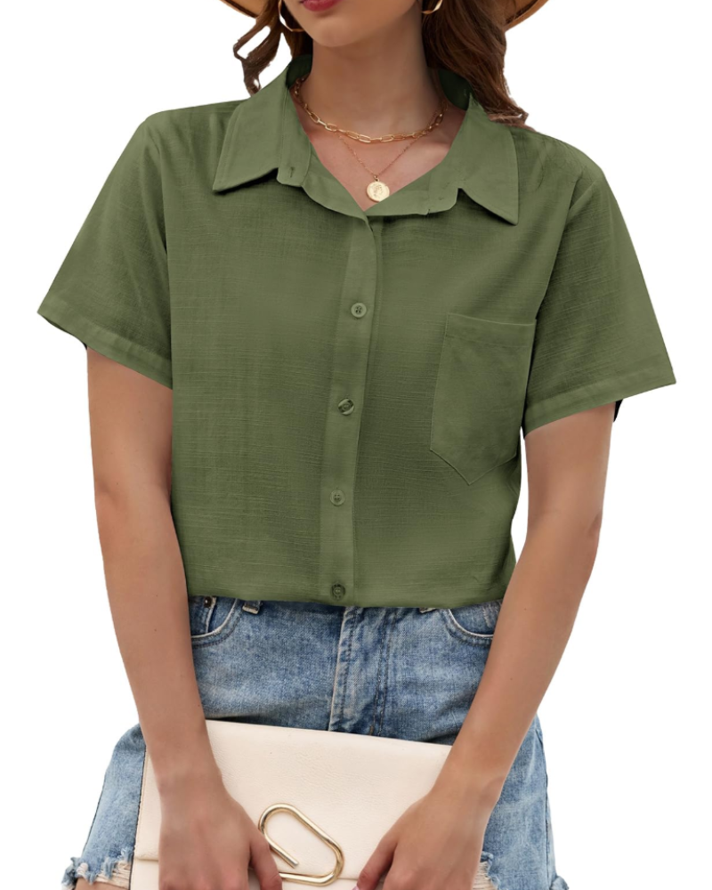 Delphine Blouse Femme – Coton, Viscose & Lin, Col V Boutonné, Manches Courtes & Poche