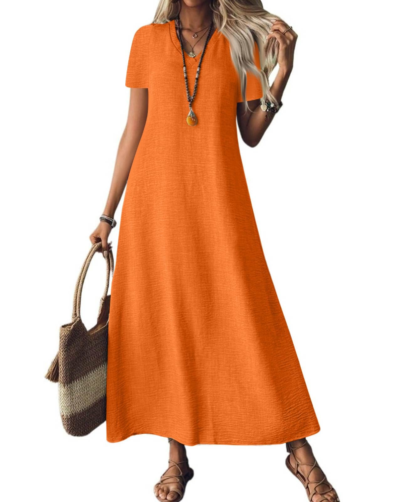 Theodora Robe Longue Femme – Col V, Manches Courtes, Coupe Fluide & Poches