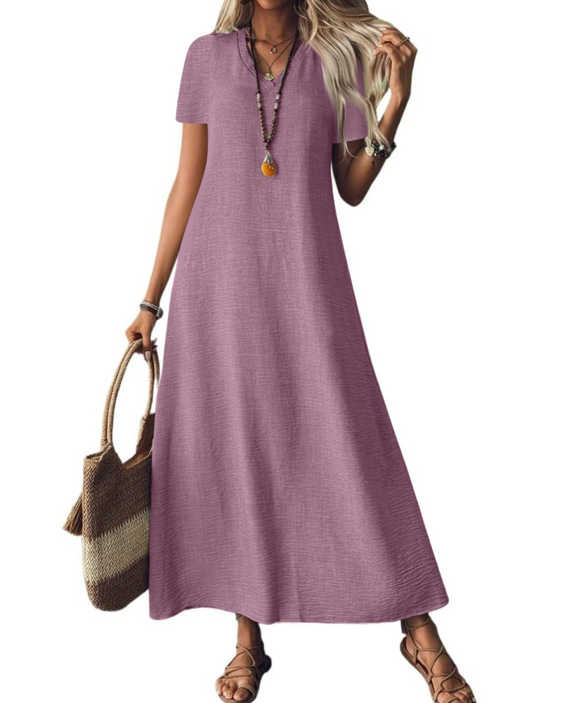 Theodora Robe Longue Femme – Col V, Manches Courtes, Coupe Fluide & Poches
