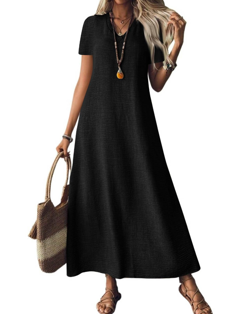 Theodora Robe Longue Femme – Col V, Manches Courtes, Coupe Fluide & Poches