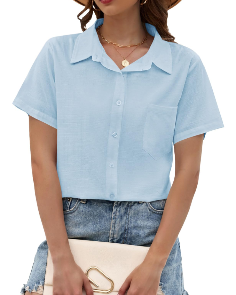 Delphine Blouse Femme – Coton, Viscose & Lin, Col V Boutonné, Manches Courtes & Poche