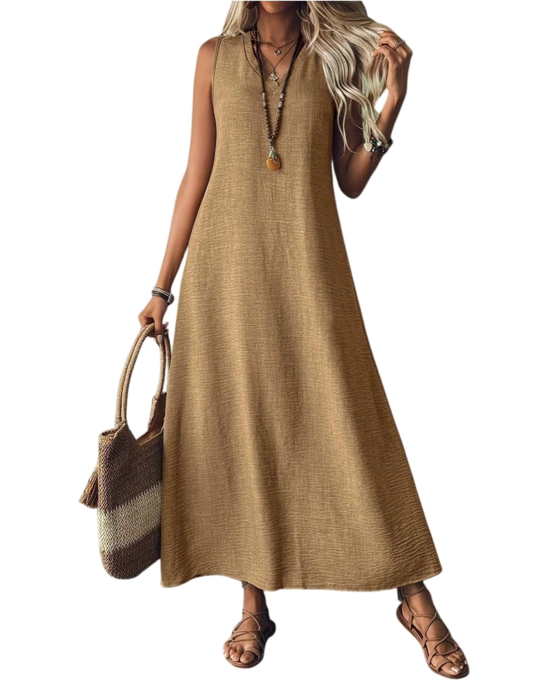Theodora Robe Longue Femme – Col V, Manches Courtes, Coupe Fluide & Poches