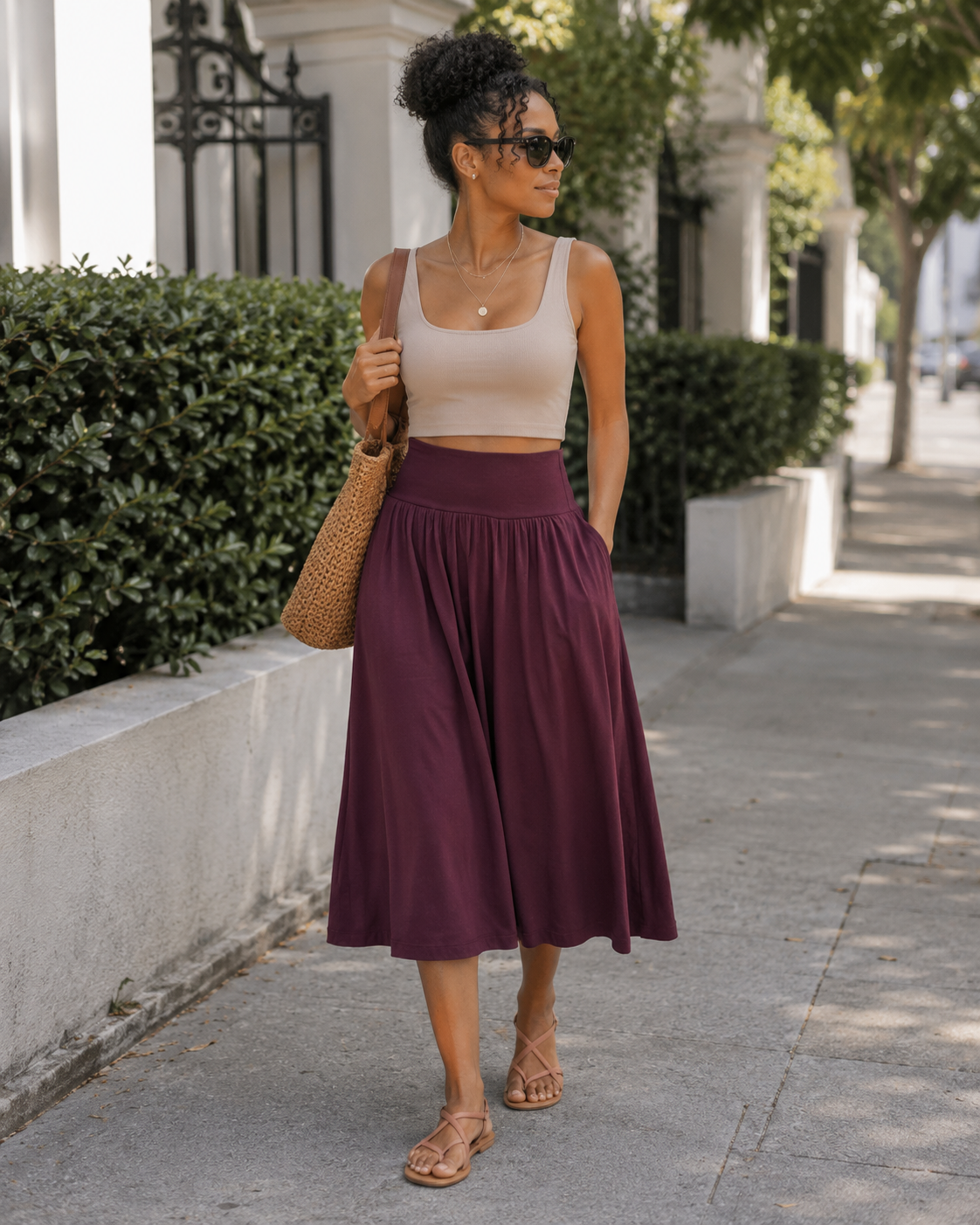 Ione Jupe Midi Femme – Jersey Viscose Stretch, Taille Élastique, Fronces & Poches