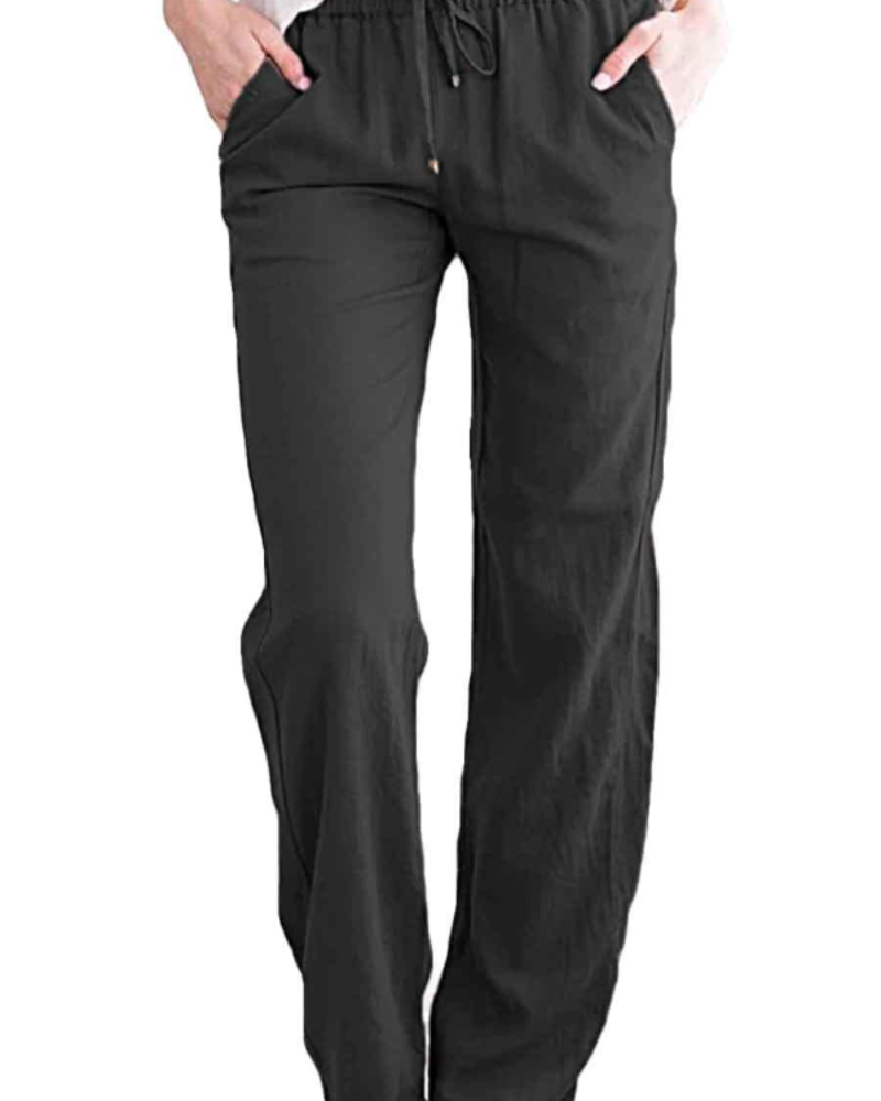 Clara Pantalon Lin Femme – Taille Élastique, Cordon Ajustable, Coupe Ample & Poches