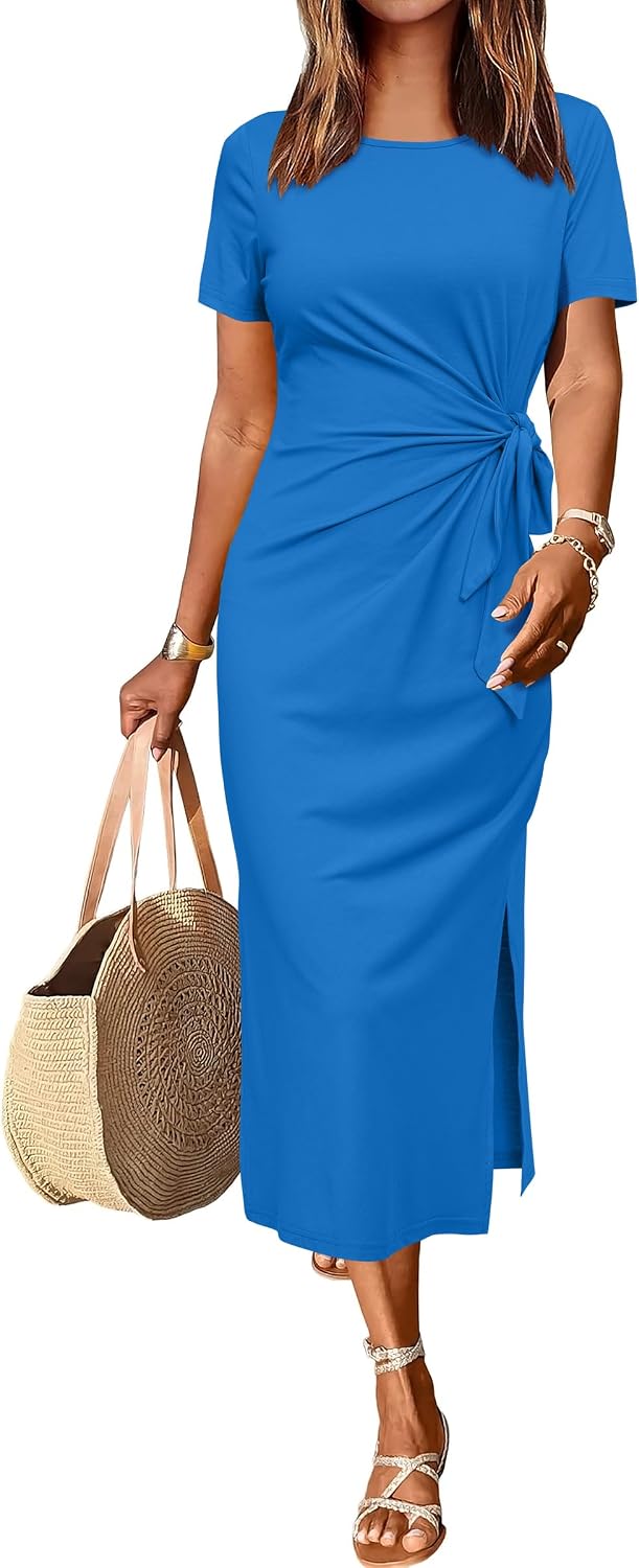 Camille Robe Midi Femme – Manches Courtes, Taille Nouée & Fente, Style Décontracté