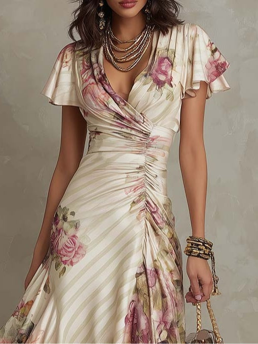 Alba™ | Elegant midikjole i retro-satin med blomsterdesign