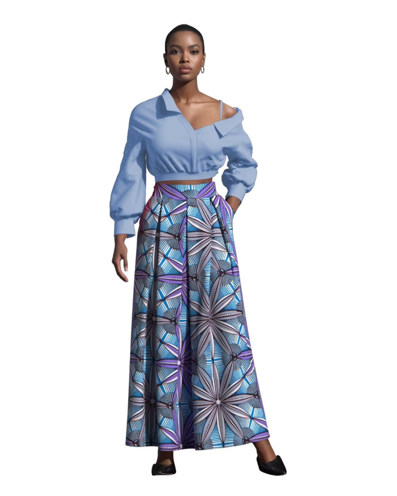Melisande Jupe Longue Femme – Taille Haute, Coupe Évasée, Imprimée & Zip Latéral