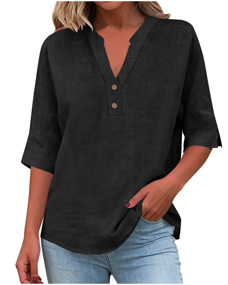 Eirlys Blouse Femme – Coton & Lin, Col V Boutonné, Manches 3/4, Coupe Ample