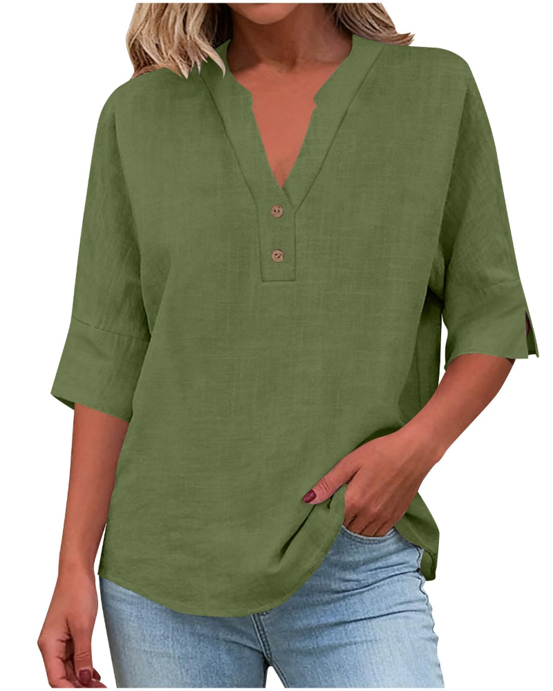 Eirlys Blouse Femme – Coton & Lin, Col V Boutonné, Manches 3/4, Coupe Ample