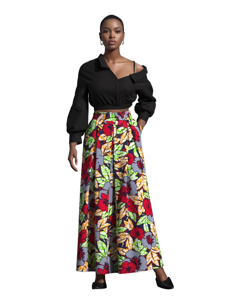 Melisande Jupe Longue Femme – Taille Haute, Coupe Évasée, Imprimée & Zip Latéral