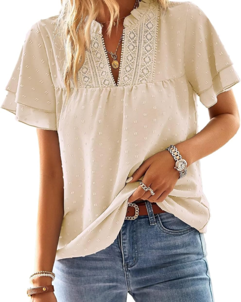 Amaryllis Blouse Femme – Col V, Dentelle Crochet, Manches Courtes & Coupe Ample