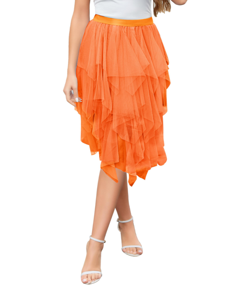 Liora Jupe Midi Femme – Tulle 3 Couches, Taille Haute Élastique & Volants Asymétriques