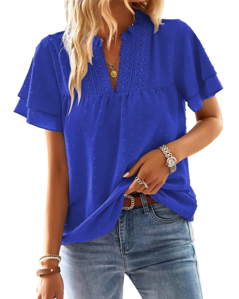 Amaryllis Blouse Femme – Col V, Dentelle Crochet, Manches Courtes & Coupe Ample