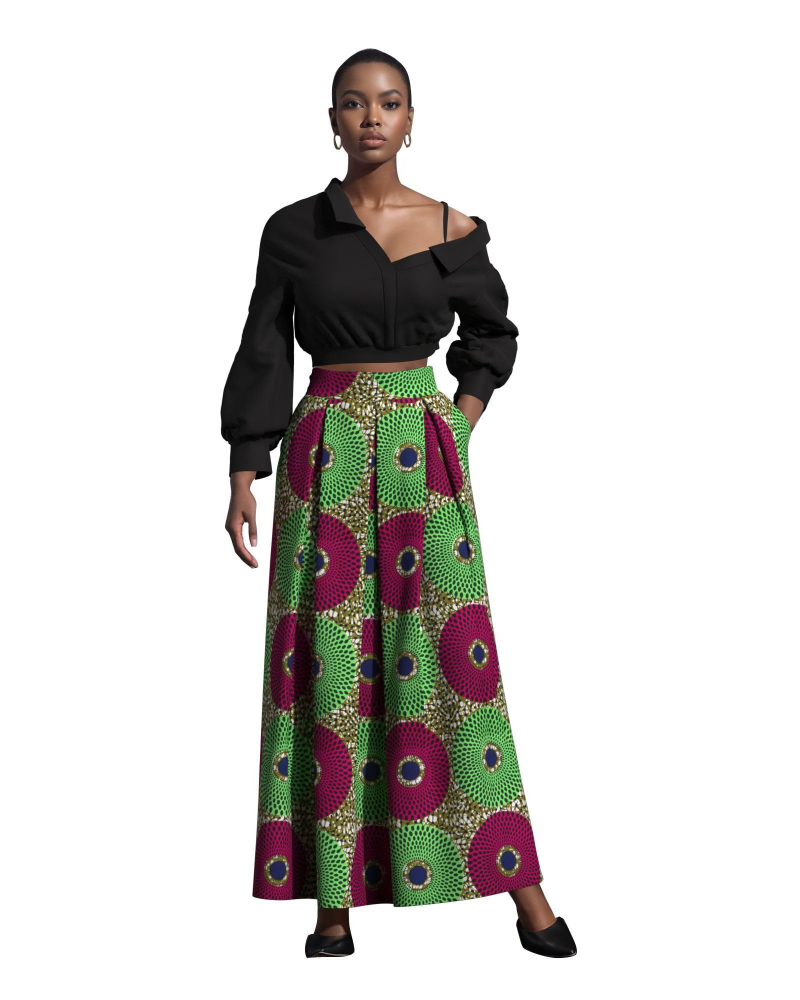 Melisande Jupe Longue Femme – Taille Haute, Coupe Évasée, Imprimée & Zip Latéral