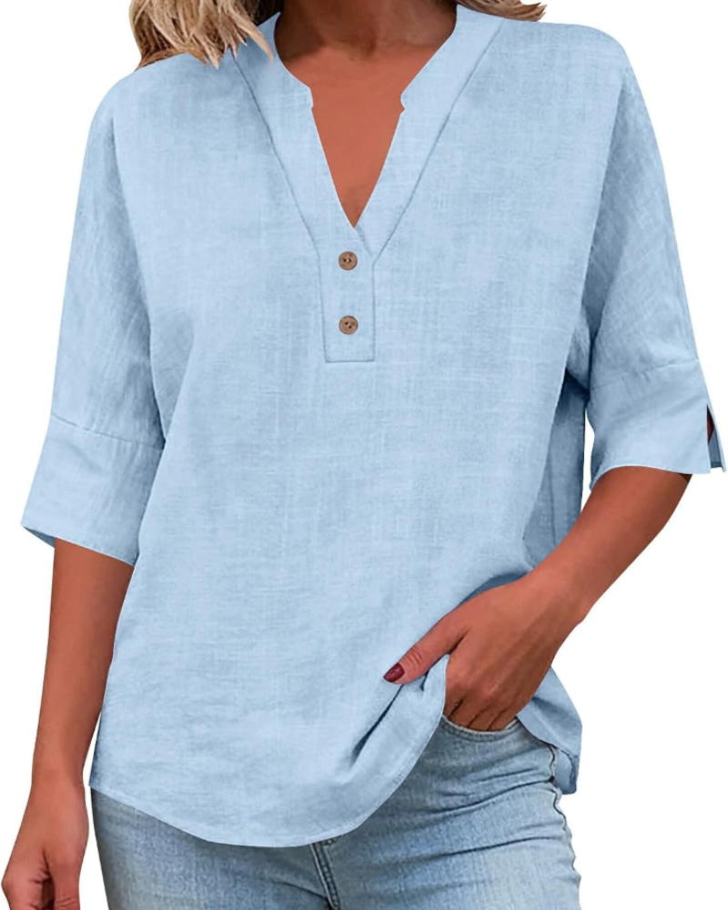Eirlys Blouse Femme – Coton & Lin, Col V Boutonné, Manches 3/4, Coupe Ample