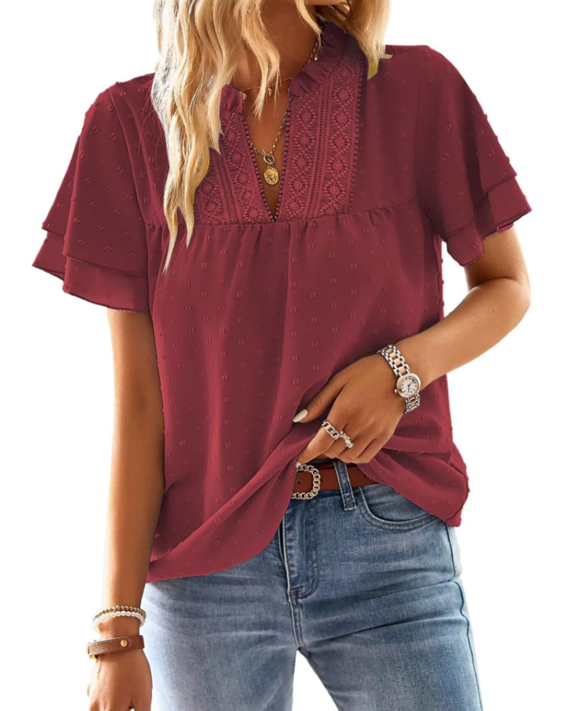Amaryllis Blouse Femme – Col V, Dentelle Crochet, Manches Courtes & Coupe Ample