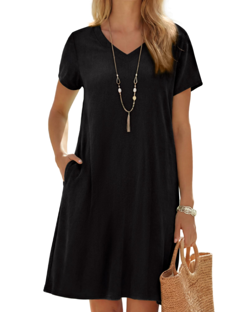 Amélie Robe en Lin Femme – Col V, Manches Courtes, Coupe Ample & Poches