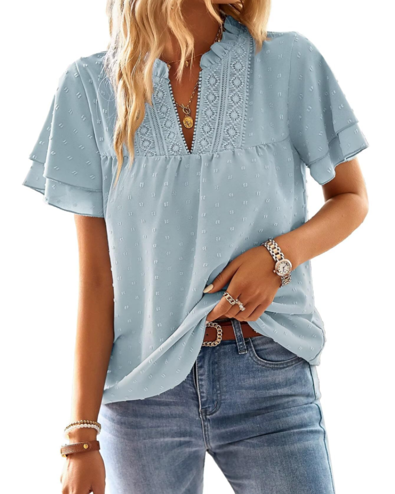 Amaryllis Blouse Femme – Col V, Dentelle Crochet, Manches Courtes & Coupe Ample