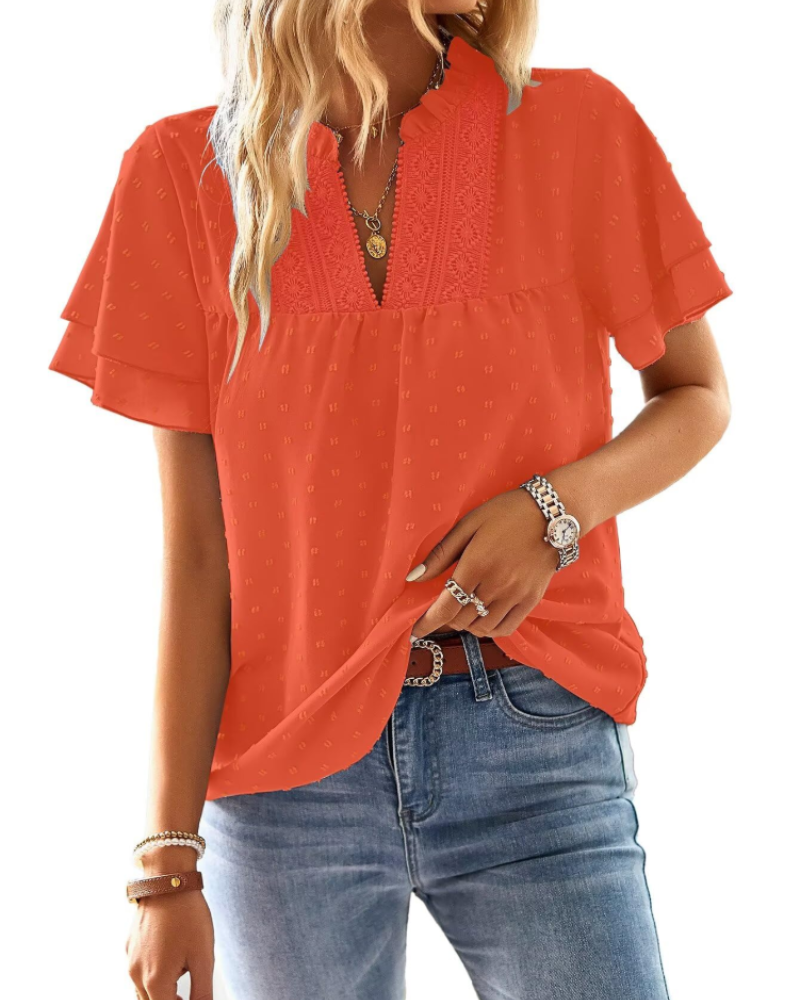 Amaryllis Blouse Femme – Col V, Dentelle Crochet, Manches Courtes & Coupe Ample