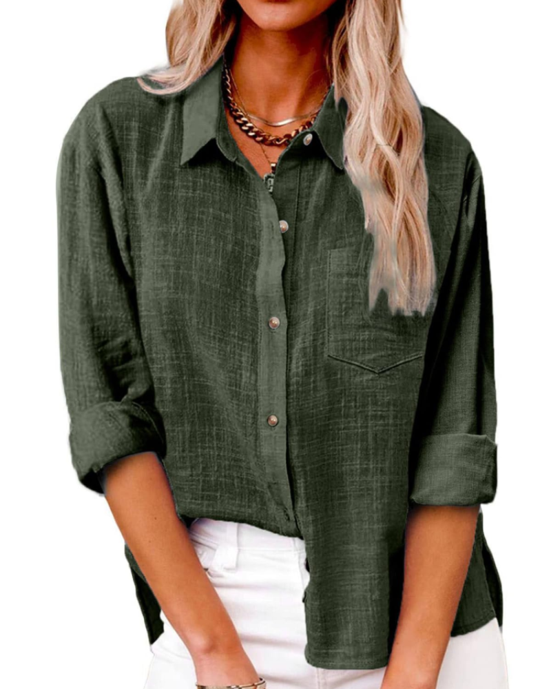 Jessamine Blouse Femme – 100% Coton, Col V Boutonné, Coupe Ample & Poche