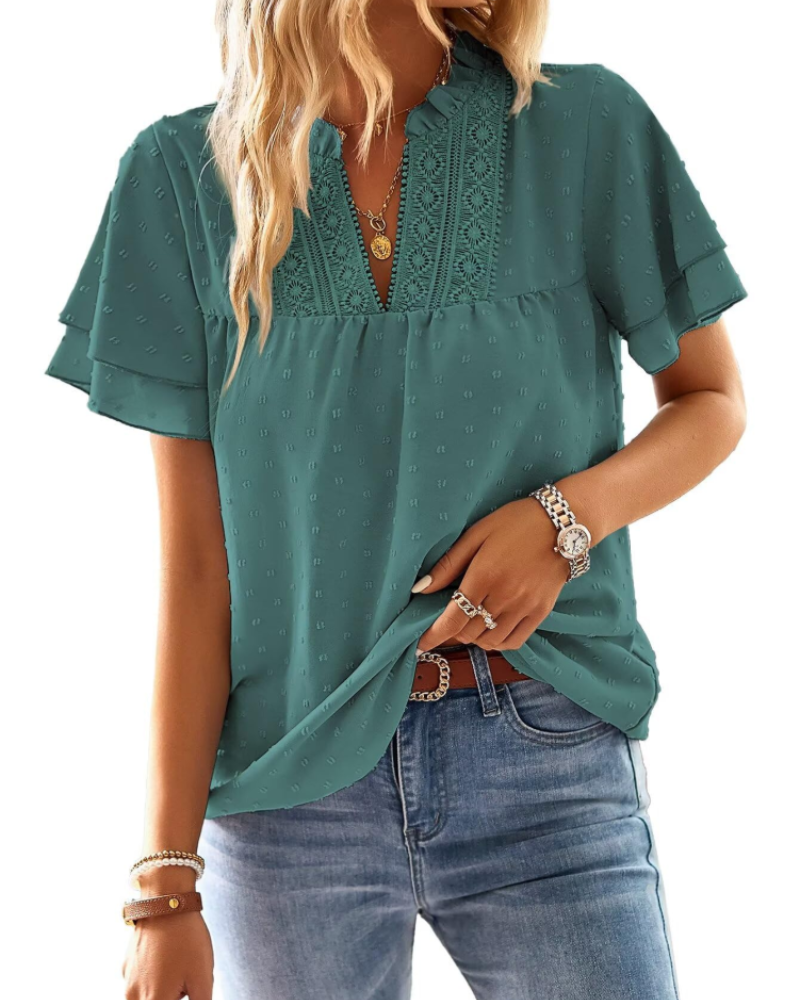 Amaryllis Blouse Femme – Col V, Dentelle Crochet, Manches Courtes & Coupe Ample