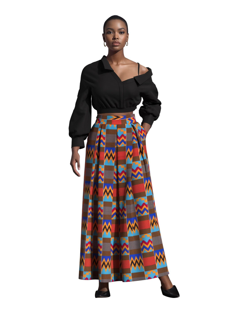 Melisande Jupe Longue Femme – Taille Haute, Coupe Évasée, Imprimée & Zip Latéral