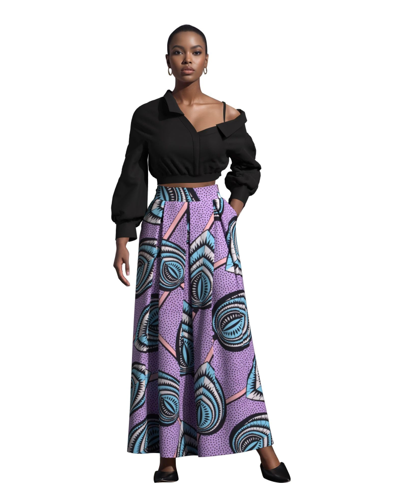 Melisande Jupe Longue Femme – Taille Haute, Coupe Évasée, Imprimée & Zip Latéral