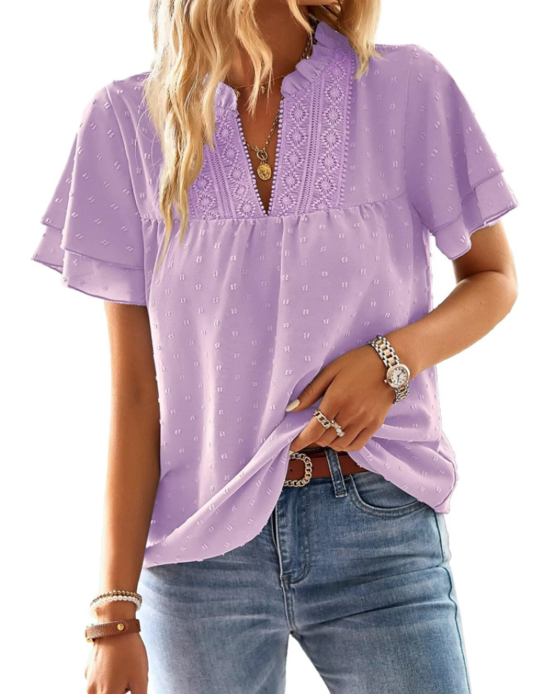 Amaryllis Blouse Femme – Col V, Dentelle Crochet, Manches Courtes & Coupe Ample