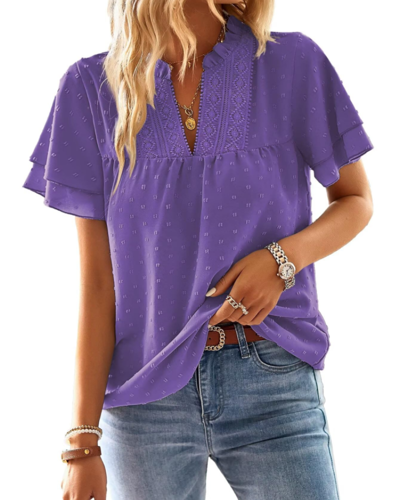 Amaryllis Blouse Femme – Col V, Dentelle Crochet, Manches Courtes & Coupe Ample