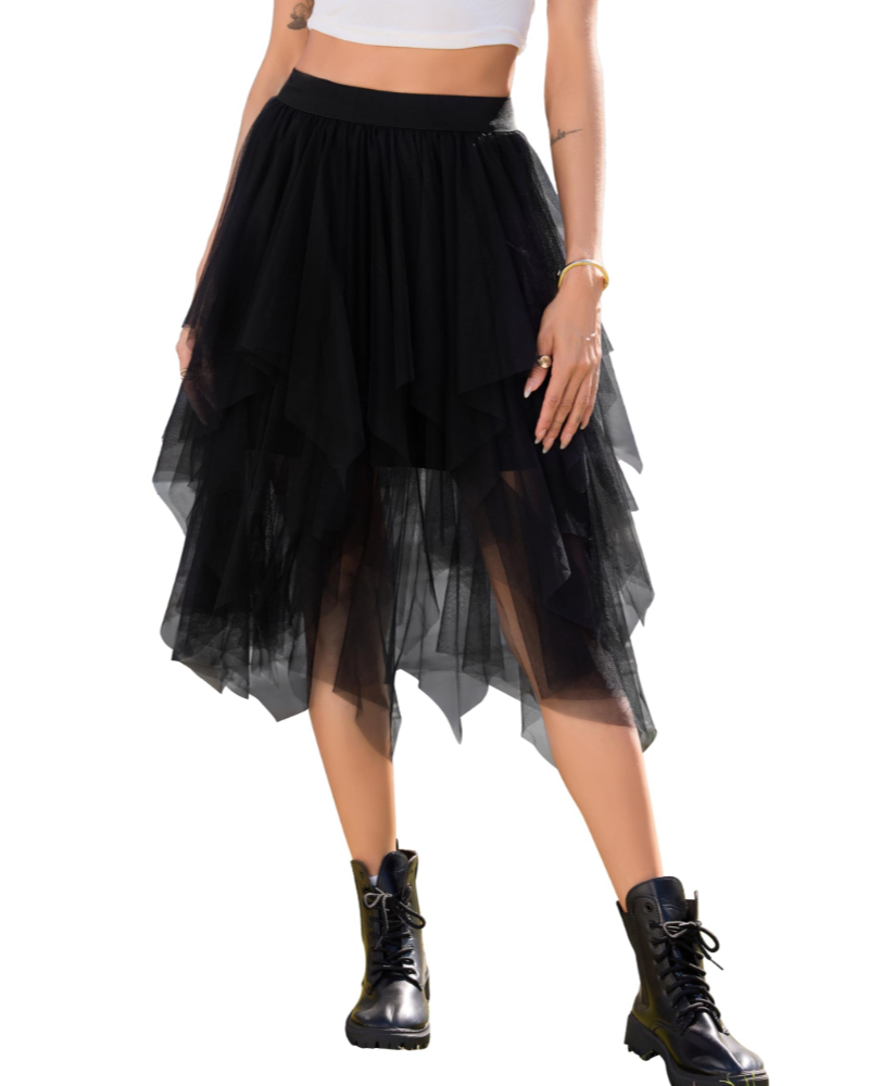 Liora Jupe Midi Femme – Tulle 3 Couches, Taille Haute Élastique & Volants Asymétriques