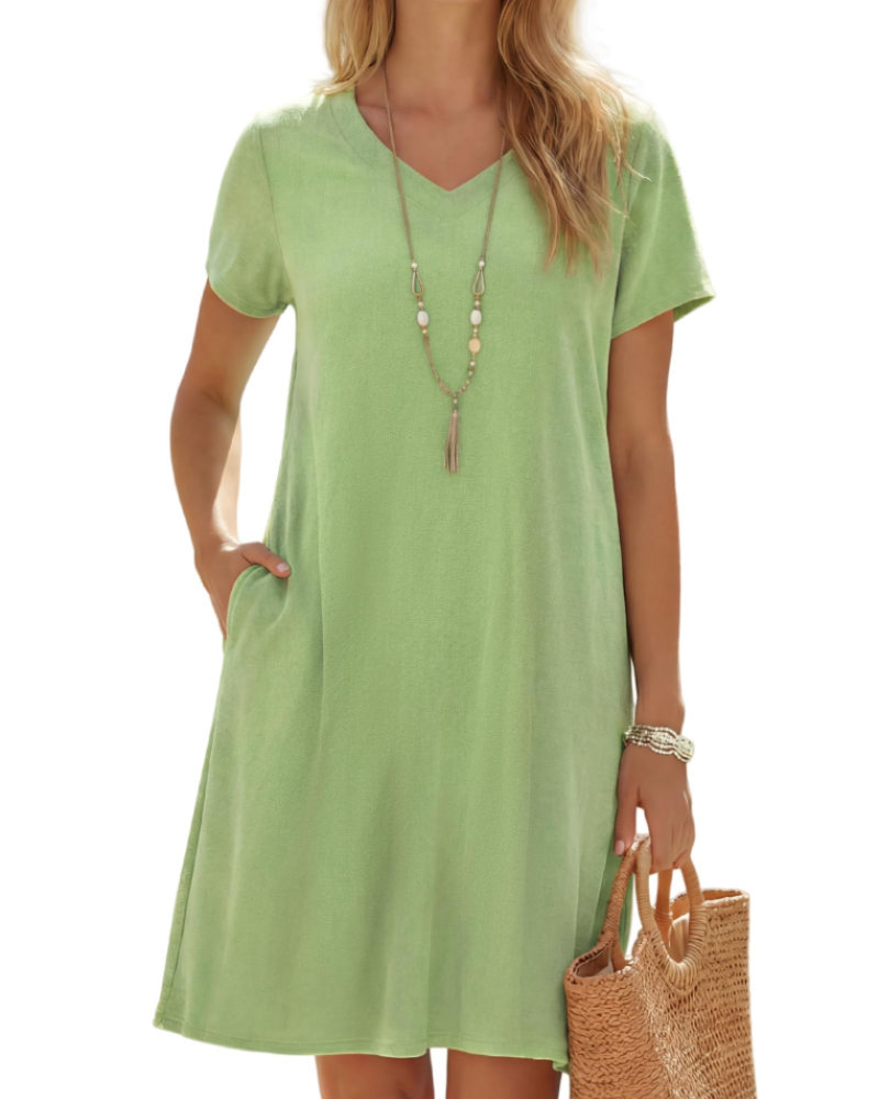 Amélie Robe en Lin Femme – Col V, Manches Courtes, Coupe Ample & Poches