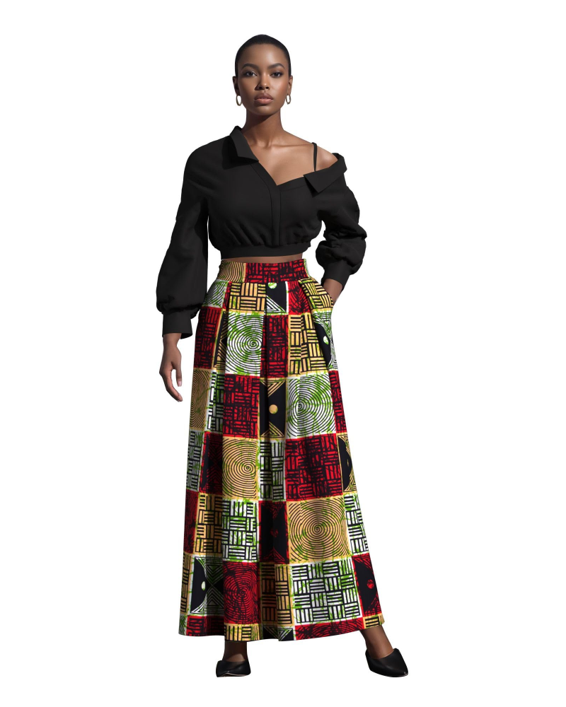 Melisande Jupe Longue Femme – Taille Haute, Coupe Évasée, Imprimée & Zip Latéral
