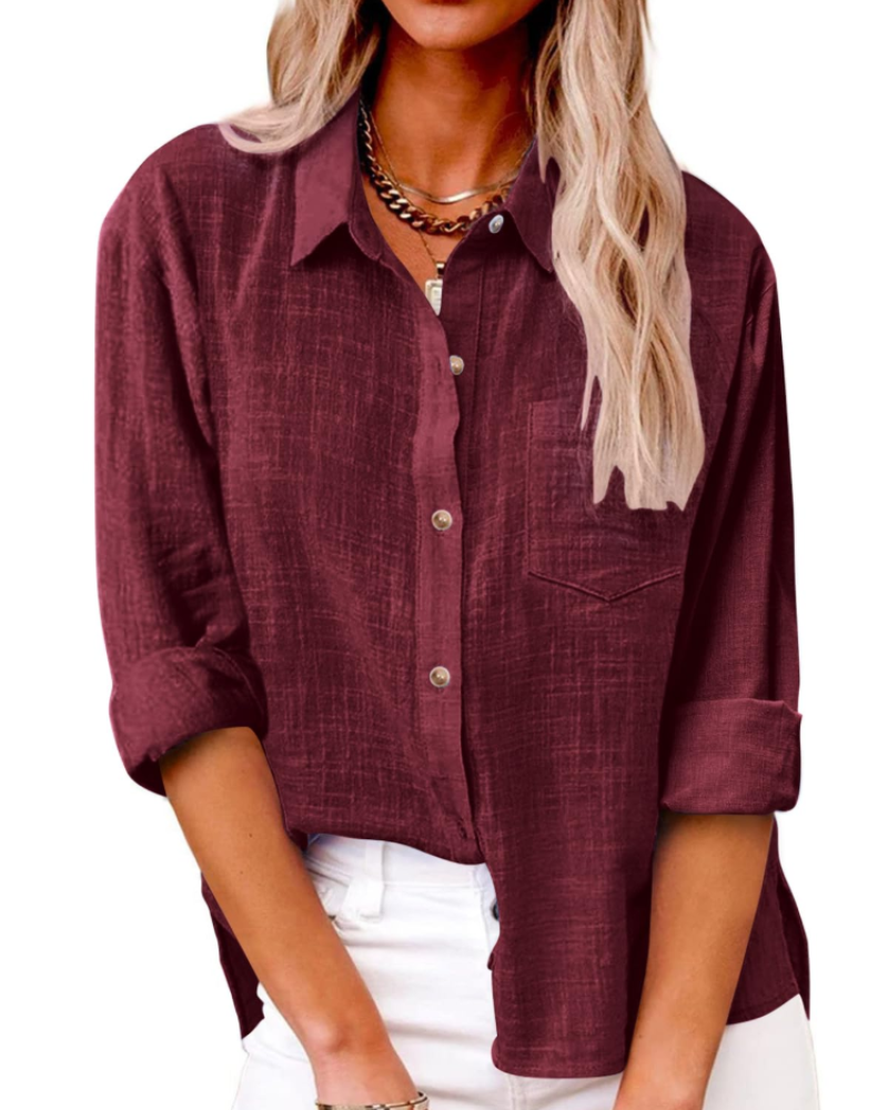 Jessamine Blouse Femme – 100% Coton, Col V Boutonné, Coupe Ample & Poche