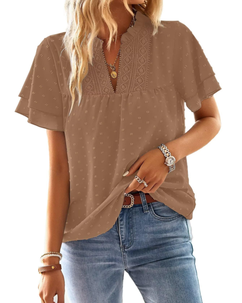 Amaryllis Blouse Femme – Col V, Dentelle Crochet, Manches Courtes & Coupe Ample