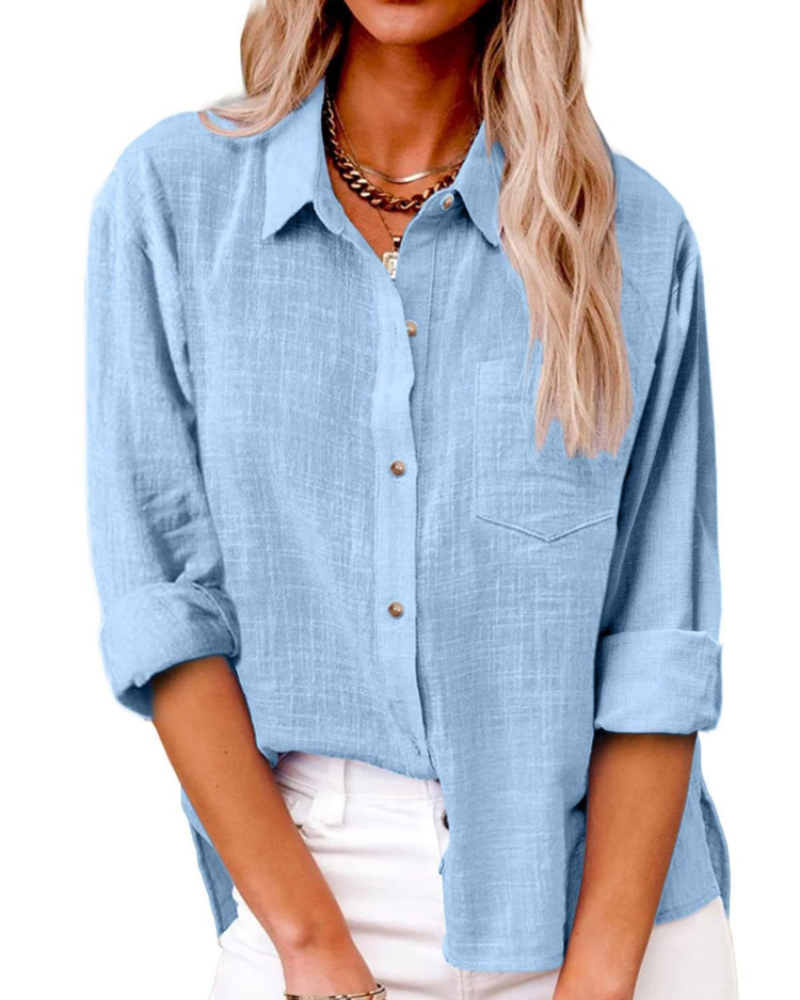 Jessamine Blouse Femme – 100% Coton, Col V Boutonné, Coupe Ample & Poche