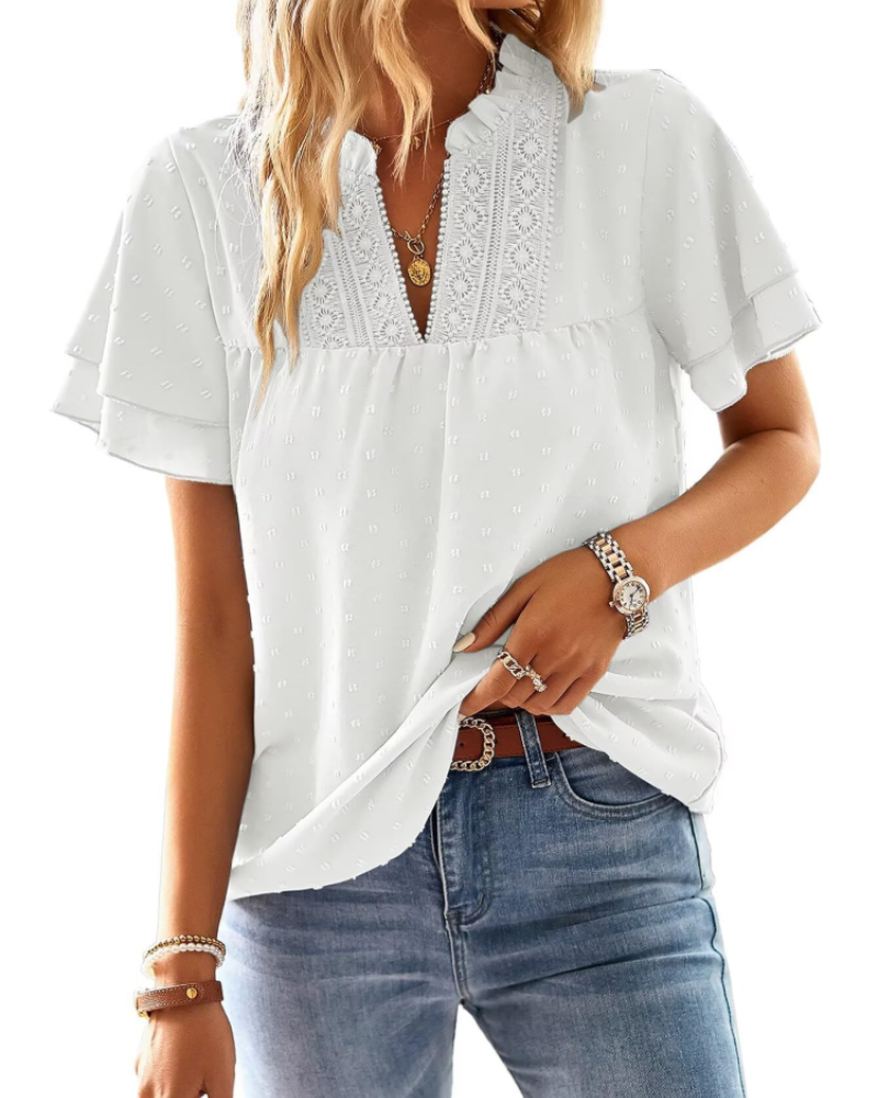 Amaryllis Blouse Femme – Col V, Dentelle Crochet, Manches Courtes & Coupe Ample