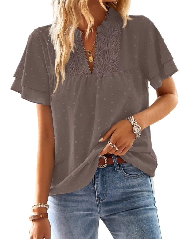 Amaryllis Blouse Femme – Col V, Dentelle Crochet, Manches Courtes & Coupe Ample