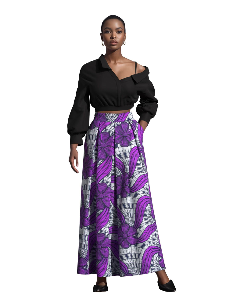 Melisande Jupe Longue Femme – Taille Haute, Coupe Évasée, Imprimée & Zip Latéral