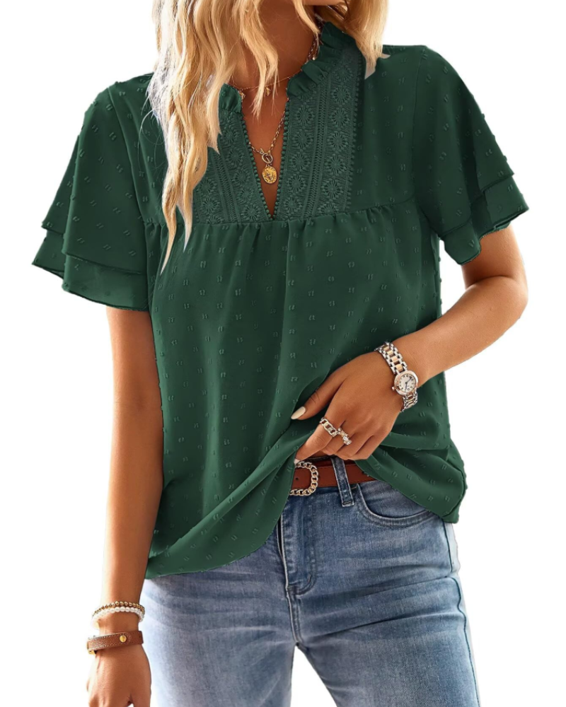 Amaryllis Blouse Femme – Col V, Dentelle Crochet, Manches Courtes & Coupe Ample