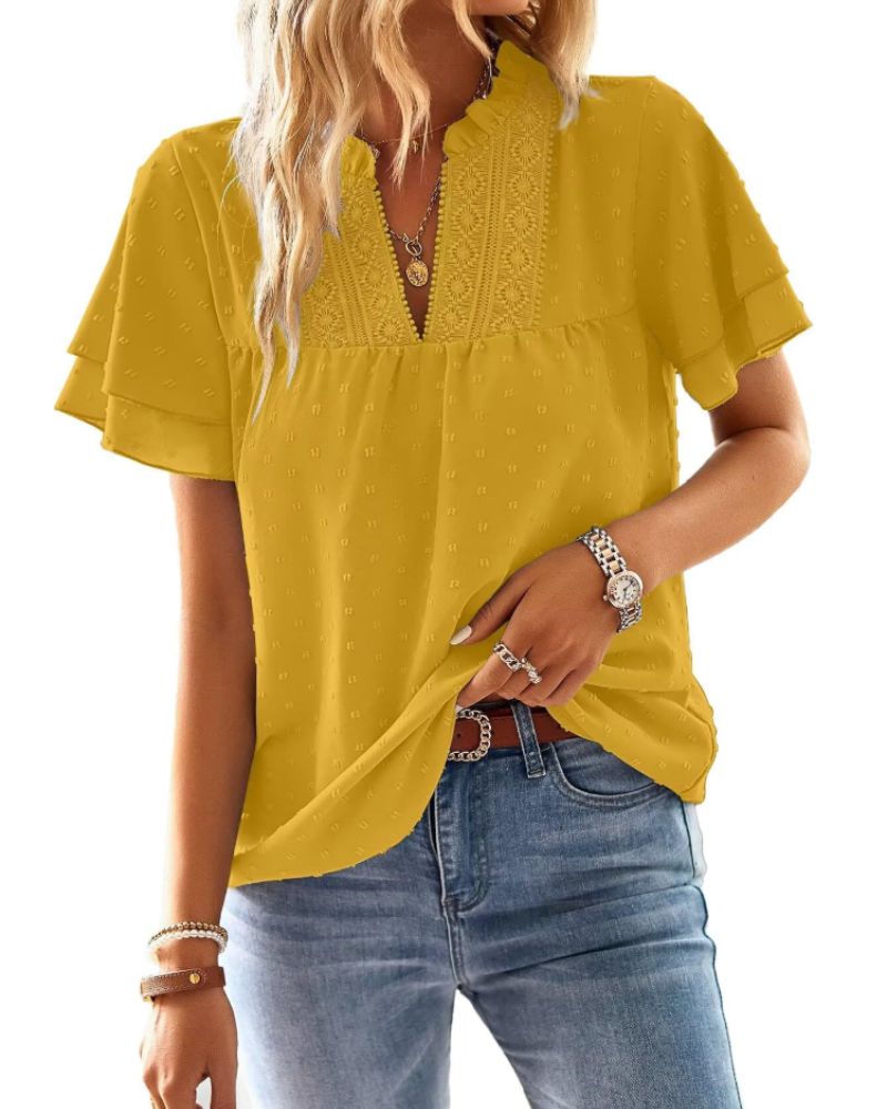 Amaryllis Blouse Femme – Col V, Dentelle Crochet, Manches Courtes & Coupe Ample