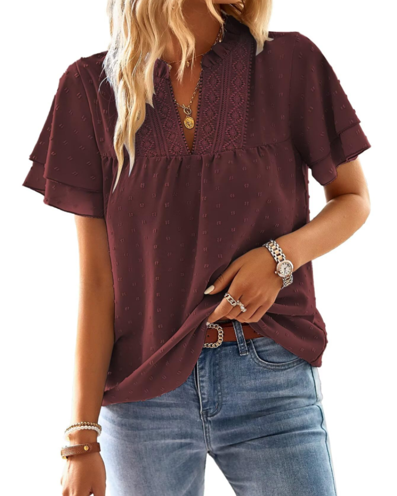 Amaryllis Blouse Femme – Col V, Dentelle Crochet, Manches Courtes & Coupe Ample