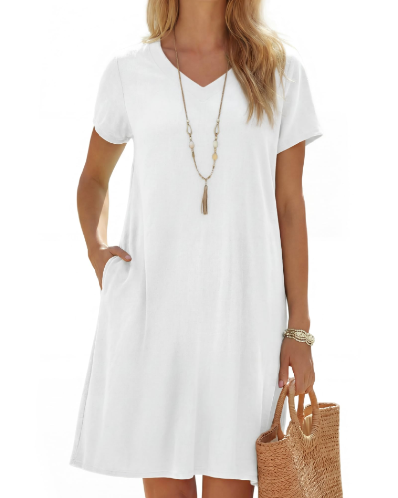 Amélie Robe en Lin Femme – Col V, Manches Courtes, Coupe Ample & Poches