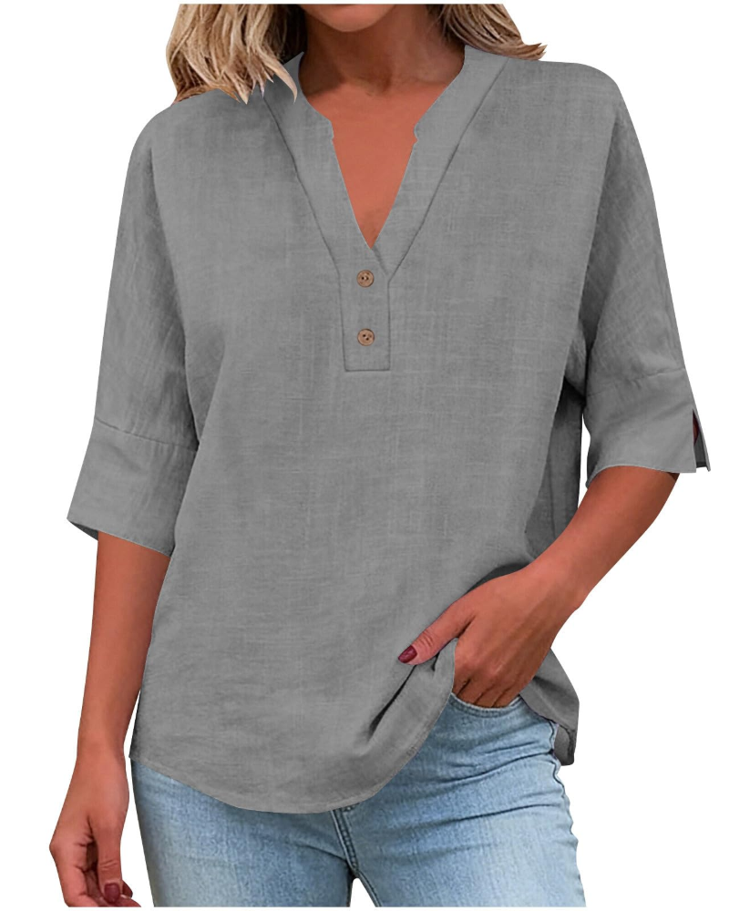 Eirlys Blouse Femme – Coton & Lin, Col V Boutonné, Manches 3/4, Coupe Ample