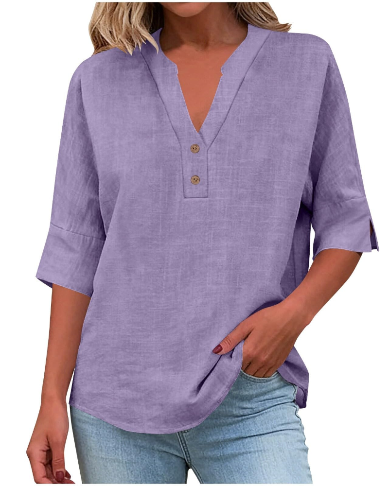 Eirlys Blouse Femme – Coton & Lin, Col V Boutonné, Manches 3/4, Coupe Ample