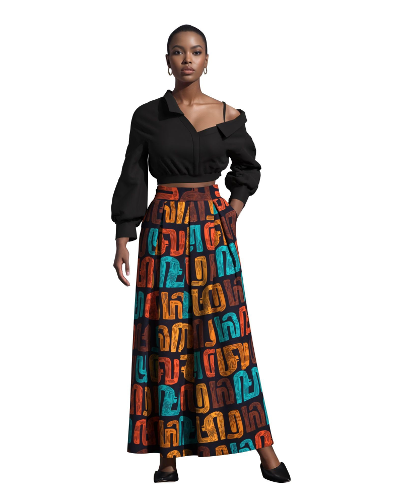 Melisande Jupe Longue Femme – Taille Haute, Coupe Évasée, Imprimée & Zip Latéral