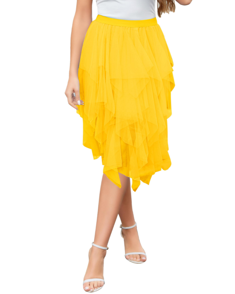 Liora Jupe Midi Femme – Tulle 3 Couches, Taille Haute Élastique & Volants Asymétriques