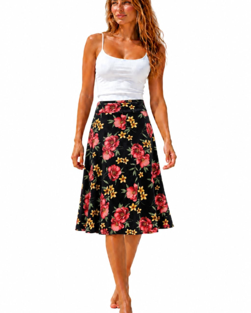 Rowena Jupe Fleurie Femme – Taille Élastique, Coupe Fluide & Longueur Genou