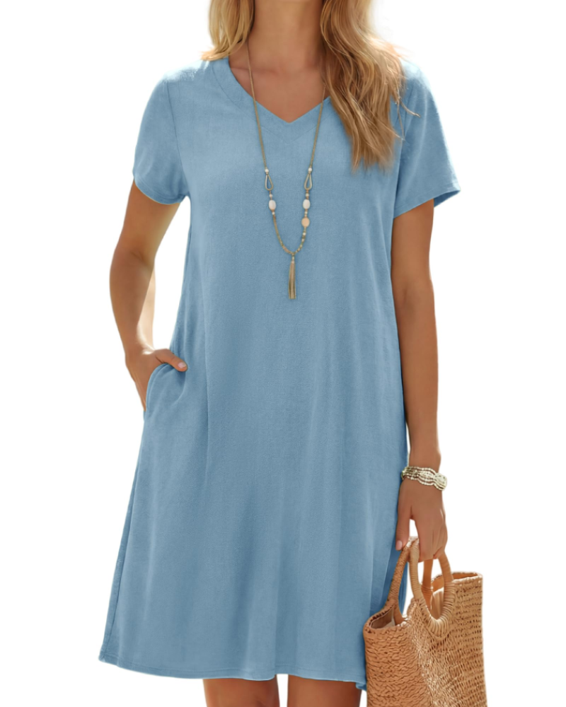Amélie Robe en Lin Femme – Col V, Manches Courtes, Coupe Ample & Poches